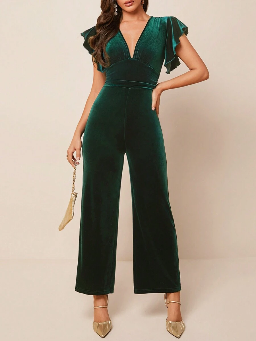 Amorya 深 V 领荷叶边袖腰带连体裤，适合派对和社交活动