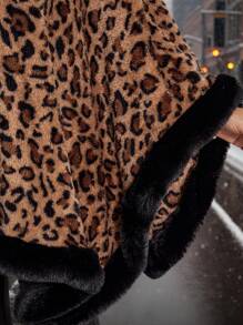 SHEIN Clasi 大码女式蓬松领子拼布豹纹宽松开衫外套，适合秋冬季