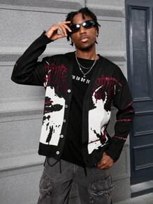 Manfinity EMRG 男式字母印花纽扣式 V 领长袖开衫骷髅毛衣 - 彩色 - 查看 5