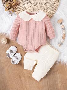 SHEIN 2pcs Baby Girls' Long Sleeve Bodysuit With Leggings Set, 2024 New Summer Elegant, Comfortable And Casual - Pink - View 1