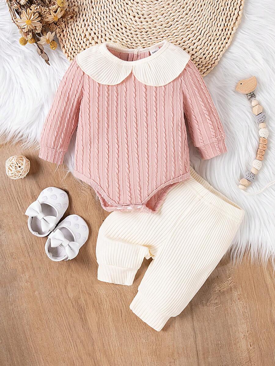 SHEIN 2pcs Baby Girls' Long Sleeve Bodysuit With Leggings Set, 2024 New Summer Elegant, Comfortable And Casual - Pink - View 1