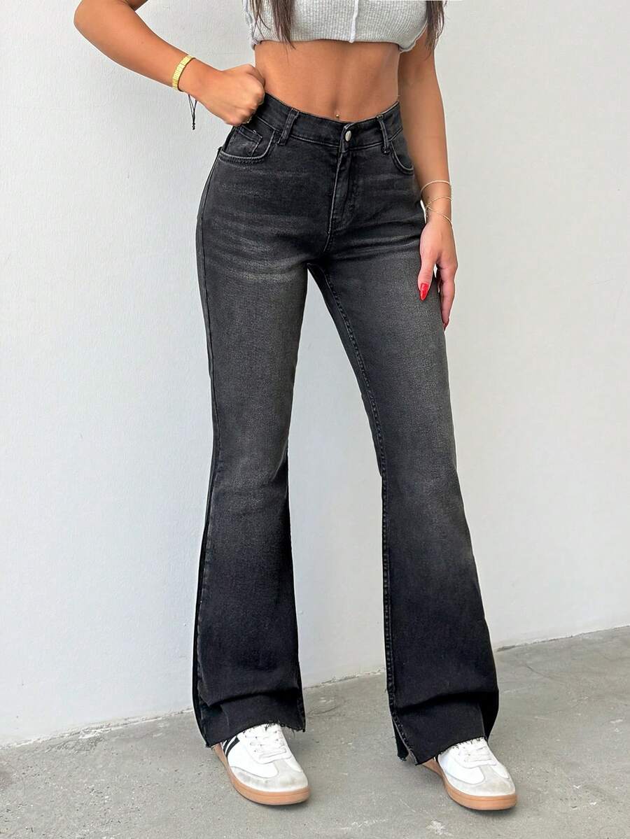 98 CottonLow Waist Slit Detailed Flare Leg Jean SHEIN USA