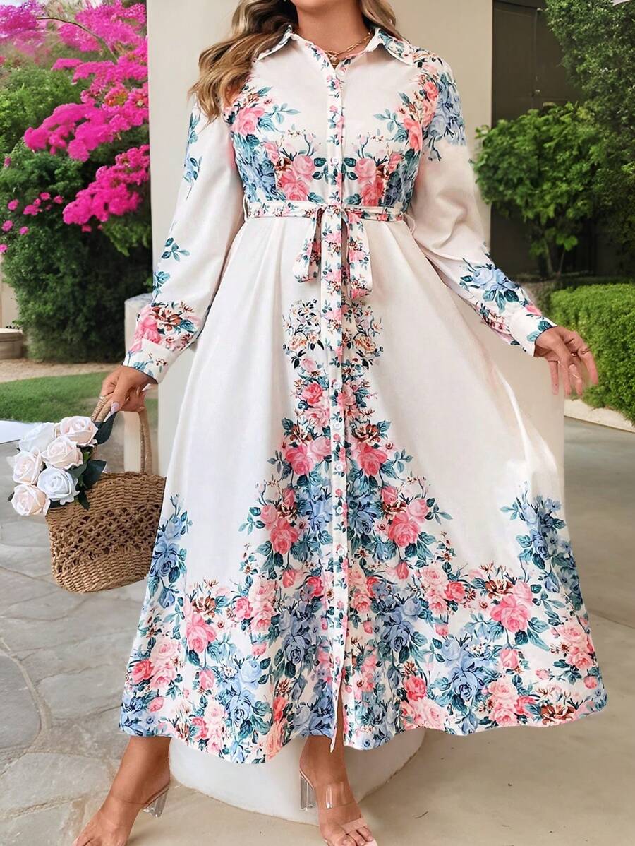 Celure Plus Size Floral Printed Belted Casual Loose Long Sleeve Dress Maxi Women Outfit Fall Cloth For Women