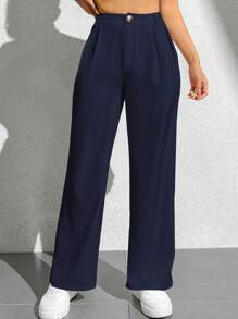 SHEIN PETITE Women's Solid Color Wide Leg Long Pants, Commute Style - Navy Blue - View 5