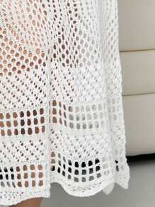 Chiquease 纯色圆领透明优雅性感长袖钩针连衣裙 - 白色 - 查看 7