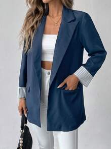SHEIN Clasi 条纹袖口撞色翻领西装外套 - 粉色 - 查看 3