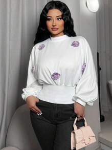 VaVaBold SXY Fashion Elegant Stand Collar Autumn New Three-Dimensional Flower Lantern Sleeve Pendant Feeling, Women's Sweatshirt, Work, Women Costumes