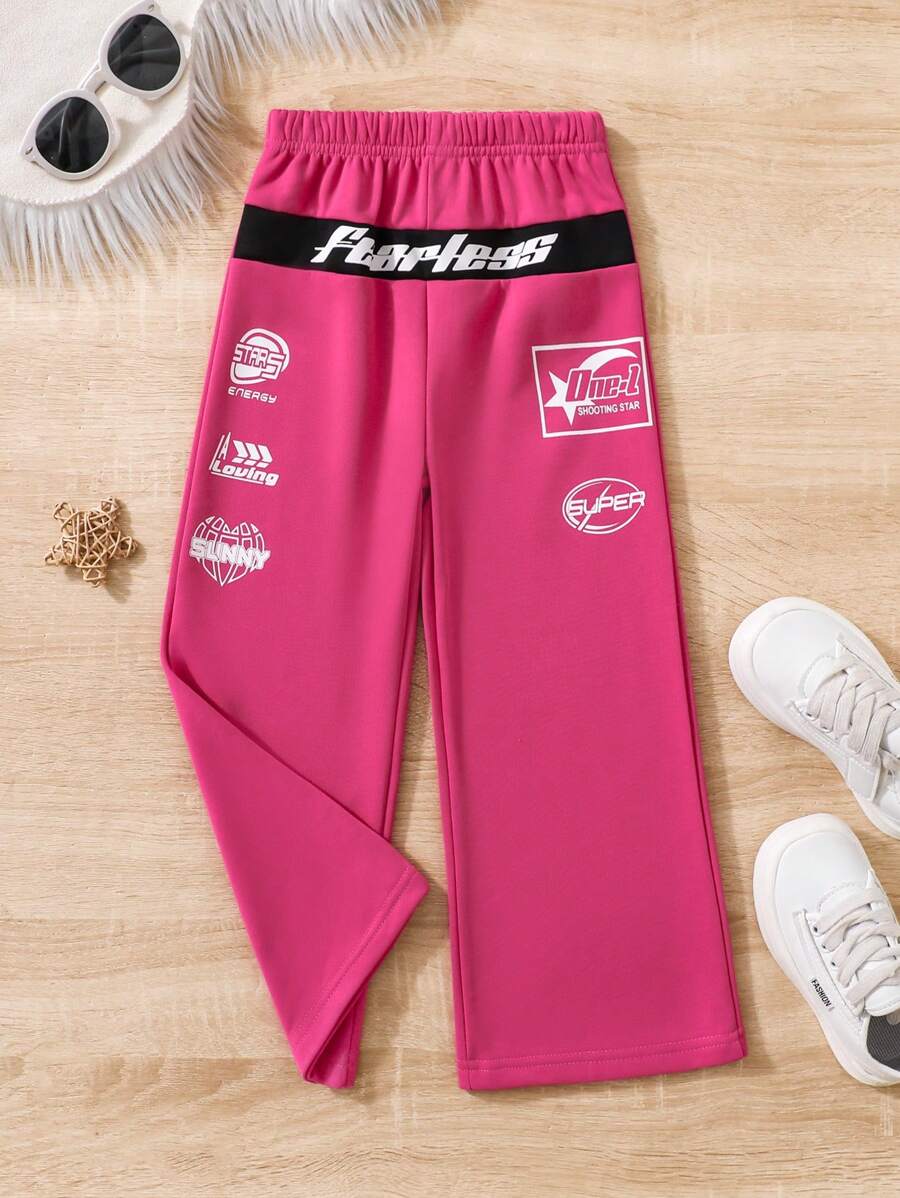 SHEIN Young Girls' Loose Fit Fuchsia Letter Print Casual Style Sweatpants