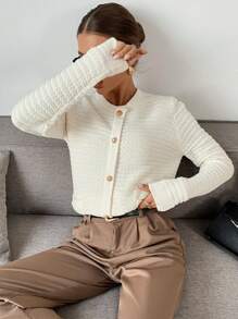 SHEIN Frenchy Women's Solid Color Minimalist Daily Wear Long Sleeve Sweater,Sweater Top,Cardigan Sweater,Fall Clothes,Winter Women Clothes - Beige - View 5