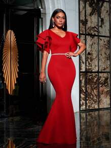 Faeriesty Rhinestone Detail Ruffle Sleeves Mermaid Hem Formal Prom Dress - Red - View 1