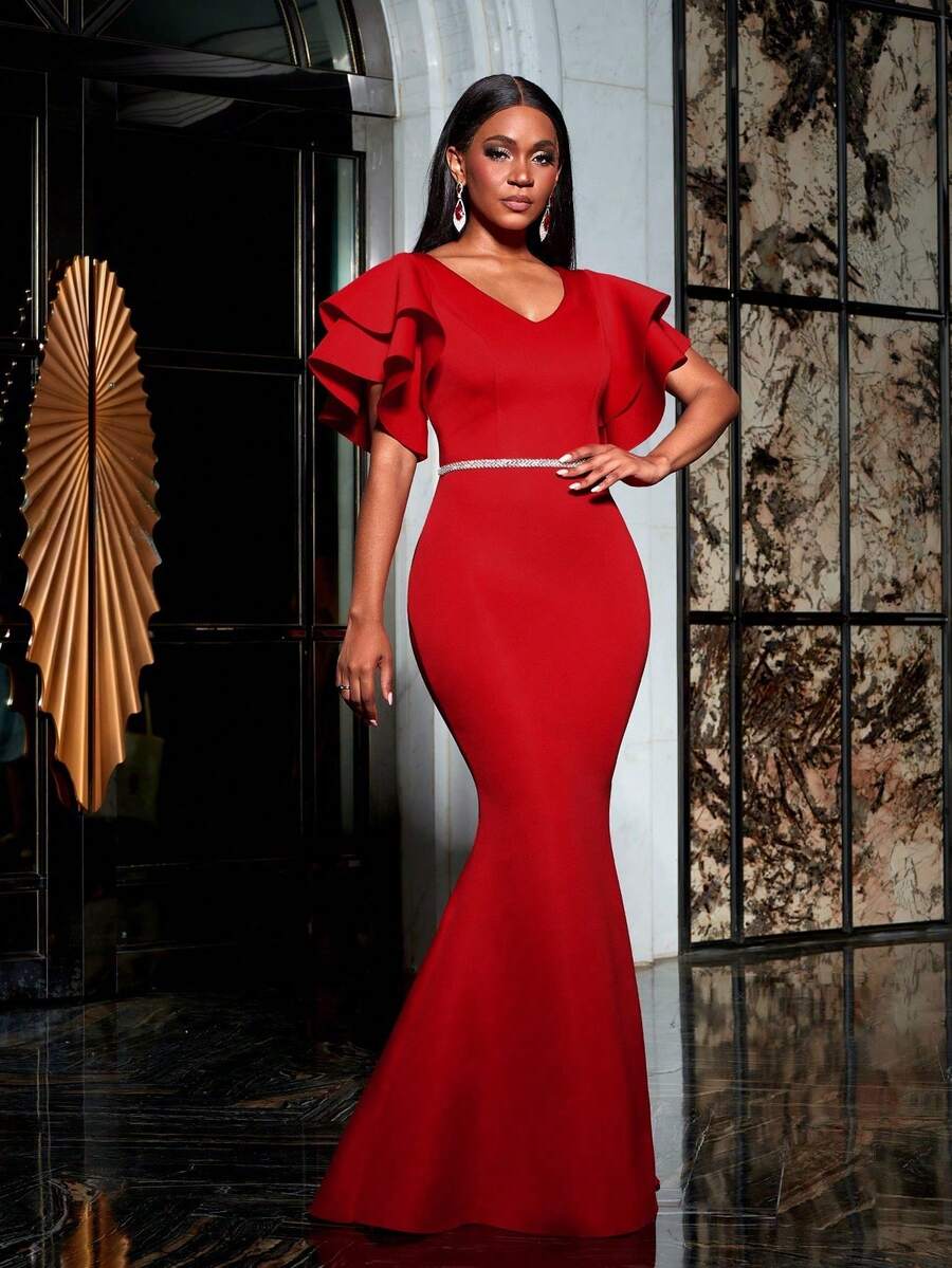 Faeriesty Rhinestone Detail Ruffle Sleeves Mermaid Hem Formal Prom Dress - Red - View 1