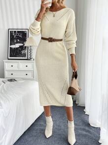 Chiquease Vestido de suéter casual de cuello redondo de manga larga de un solo color para mujer