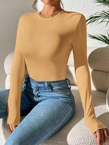 SHEIN PETITE 纯色修身春季女式紧身衣 - 卡其色 - 查看 5