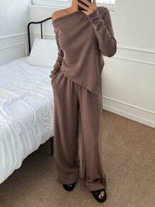 DAZY Asymmetrical Open Shoulder Casual Loungewear Set Pajama