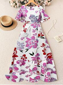 Rafferiza Vestido largo con cuello redondo, mangas con volantes y estampado floral en corte evasé para mujer - Rosa - Ver 3