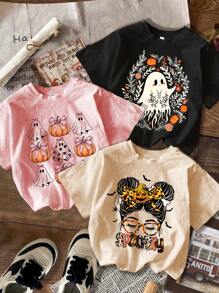 SHEIN Bộ 3 áo thun rộng rãi in hình ma và bí ngô hoạt hình dễ thương dành cho bé gái dự tiệc Halloween mùa hè và mùa thu. - Nhiều màu - Xem 1