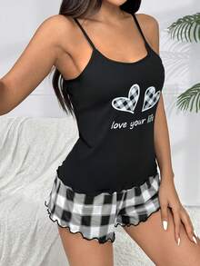 Gingham Heart Print Cami Top And Shorts Set - Multicolor - View 4