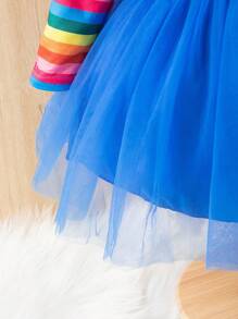 SHEIN Playful Pals 女婴彩虹条纹盖袖吊带二合一服装，秋季温暖舒适可爱风格