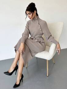 Firerie Vestido de suéter largo con cuello alto y cintura anudada para mujer - Café integral - Ver 6