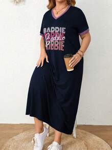 Mulvari Đầm Maxi In Chữ Tay Ngắn Màu Trơn Cỡ Lớn Thường Ngày Cho Nữ - Nhiều màu - Xem 3