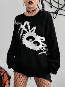 SHEIN Unity Women's Cartoon Spider Pattern Crew Neck Long Sleeve Sweater, Knit Pullover Fall Winter - Black - View 1