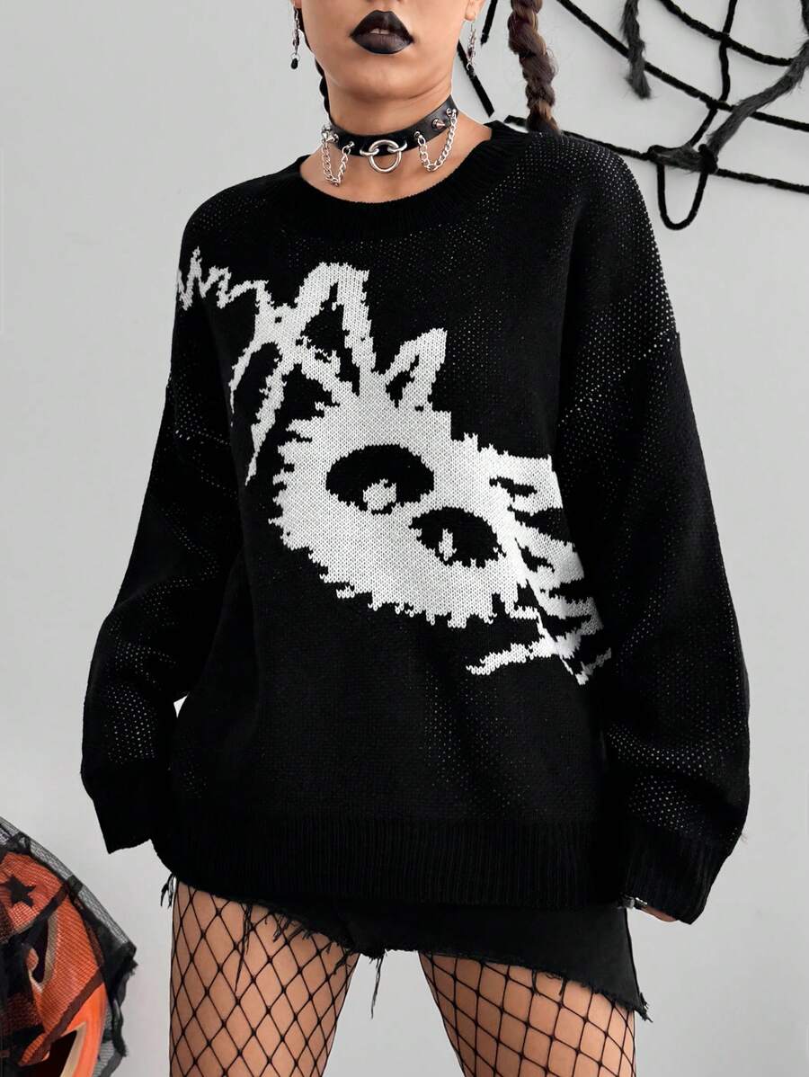 SHEIN Unity Women's Cartoon Spider Pattern Crew Neck Long Sleeve Sweater, Knit Pullover Fall Winter - Black - View 1