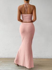 Rafferiza 2 chiếc/bộ áo hở lưng gợi cảm màu trơn mùa hè và chân váy đuôi cá - Hồng - Xem 2