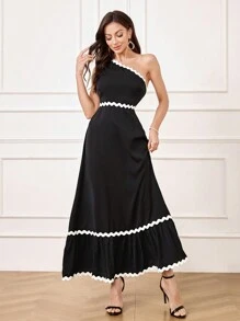 SHEIN Belle Women's Color Block Woven Tape Splicing Asymmetric Neckline Evening Gown,Semi Formal Prom Dress For Wedding Guest,Birthday,Graduation Homecoming - Black - View 5