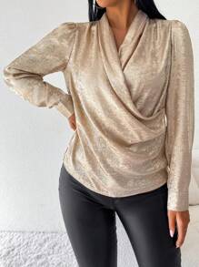 EMERY ROSE Áo cánh nhung satin cổ bẻ tay bồng màu trơn - Rượu sâm banh - Xem 6