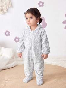 新生女宝宝舒适保暖连帽连体衣，豹纹印花，秋冬季 - 白色 - 查看 5