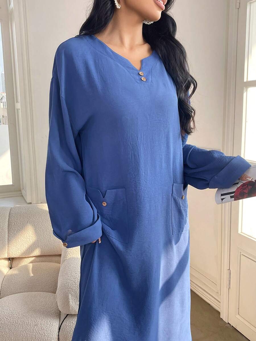 Seusyu Women's Solid Color Simple Daily Long Sleeve Dress - Blue - View 1