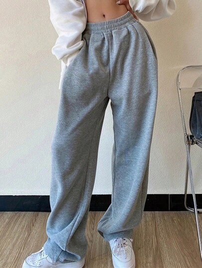 SHEIN Tween Girl Casual Elastic Waist Pocket Grey Sweatpants For Daily Wear & School