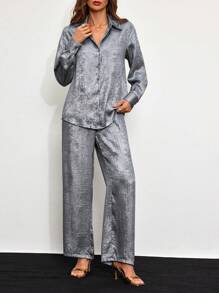 SHEIN Clasi 2pcs Metallic Feel Casual Button Front Long Sleeve Shirt & Pants Set - Silver - View 4
