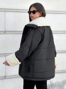 RueChic Women's Plus Padded Jacket With Fur Collar - Black - View 3