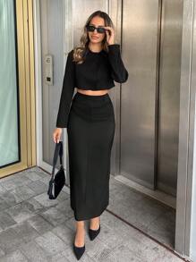 Chiquease Solid Button Front Long Sleeve Crop Blouse & Skirt - Black - View 4