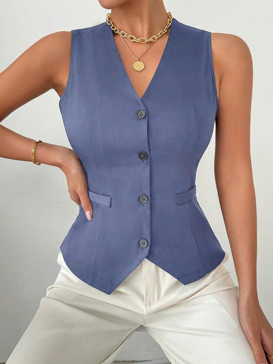 Chiquease Áo khoác vest ngắn màu trơn dành cho nữ - Màu xanh lam - Xem 1
