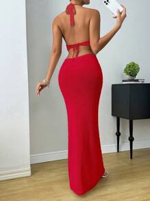 Chiquease Đầm nơ eo màu trơn cho nữ - Đỏ - Xem 2