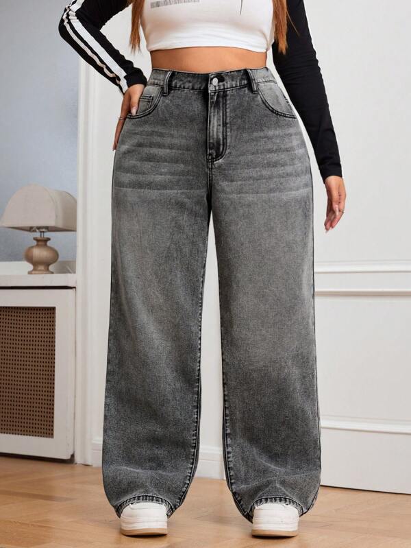 SHEIN EZwear Plus Size Vrouwen Effen Kleur Rechte Pijp Casual Baggy Boyfriend Jeans Met Zakken