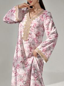 Al Najma Vestido largo con estampado floral, parche de ganchillo, manga larga, elegante y modesto en forma de línea A, vestido tipo kaftan y jalabiya, para fiesta de noche/invitado de boda/aniversario/uso diario