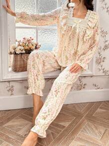 CottageSlumber Floral Print Ruffle Trim Bow Decor Square Neck Long Sleeve Top And Pants Pajama Set Bow - Apricot - View 3