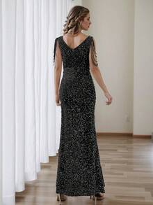 HOMEYEE Vestido de fiesta con cuello en V sin mangas con lentejuelas, vestido largo de cóctel para eventos de noche, boda y ocasiones formales - Negro - Ver 2