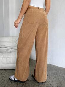 SHEIN EZwear Quần ống đứng nhung kẻ trơn màu đơn giản - Màu Khaki - Xem 2
