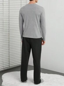 RueChic Cotton Men Letter Print Solid Regular Longsleeve T-Shirt Homewear Set - Grey - View 2