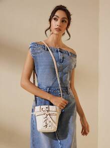 SHEIN BAE 1 件时尚系带 PU 皮革女式朋克水桶包 - 米色 - 查看 4