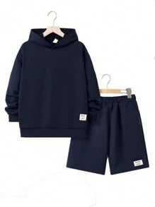 SHEIN Bộ 2 áo nỉ dệt kim cơ bản thường ngày cho bé trai tuổi mới lớn - Màu xanh hải quân - Xem 6