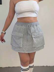 Flirla Back To School Gray Casual Utility Skirt With Pockets, Elastic Waist, Drawstring - Grey - View 4