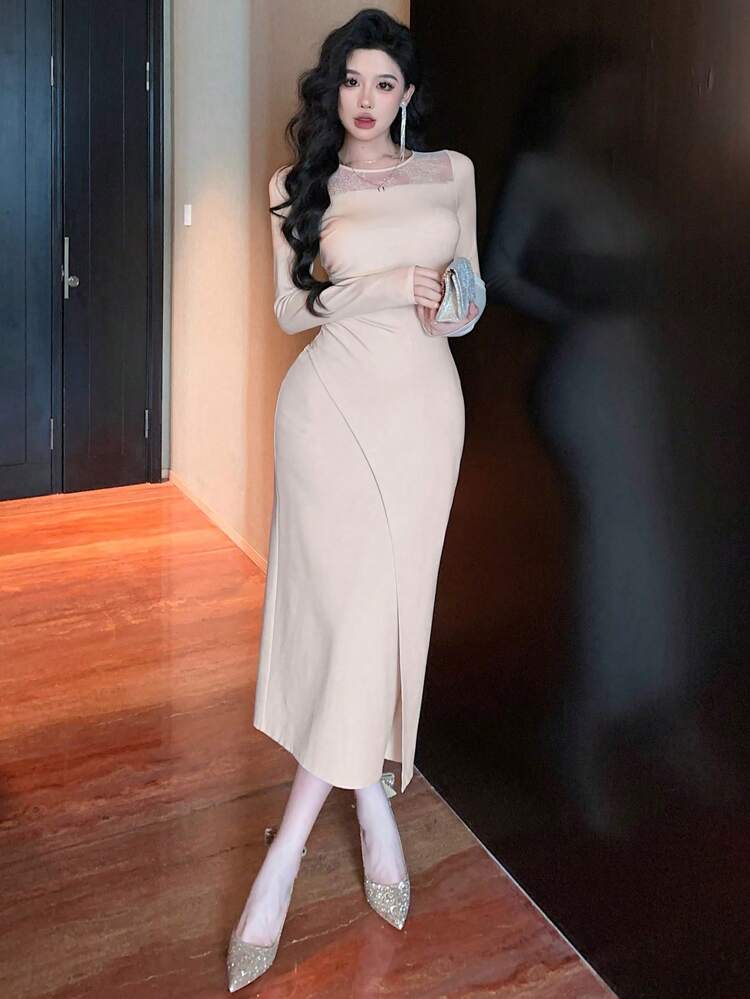 Vestido de mujer de unicolor con cuello cuadrado, manga larga y ajuste ceñido, vestido casual, de fiesta de cumpleaños, ropa de otoño, vestidos elegantes para mujer, vestido largo