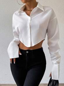 Chiquease Asymmetrical Design, Puff Sleeves, Button Front Cropped Shirt,Long Sleeve Tops Fall Cloth For Women - White - View 1