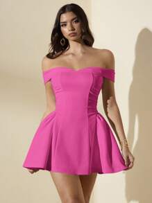 SHEIN BAE Women's White Off Shoulder Ruffle A-Line Mini Dress, Elegant Sweet Casual Fall Outfit, Suitable For Back To School, Birthday Party, Sundress - Hot Pink - View 1