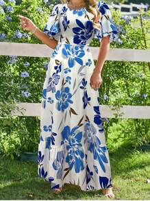 Breezaya 女士法式花卉印花荷叶边袖圆领连衣裙长款女装 - 藍色 - 查看 5